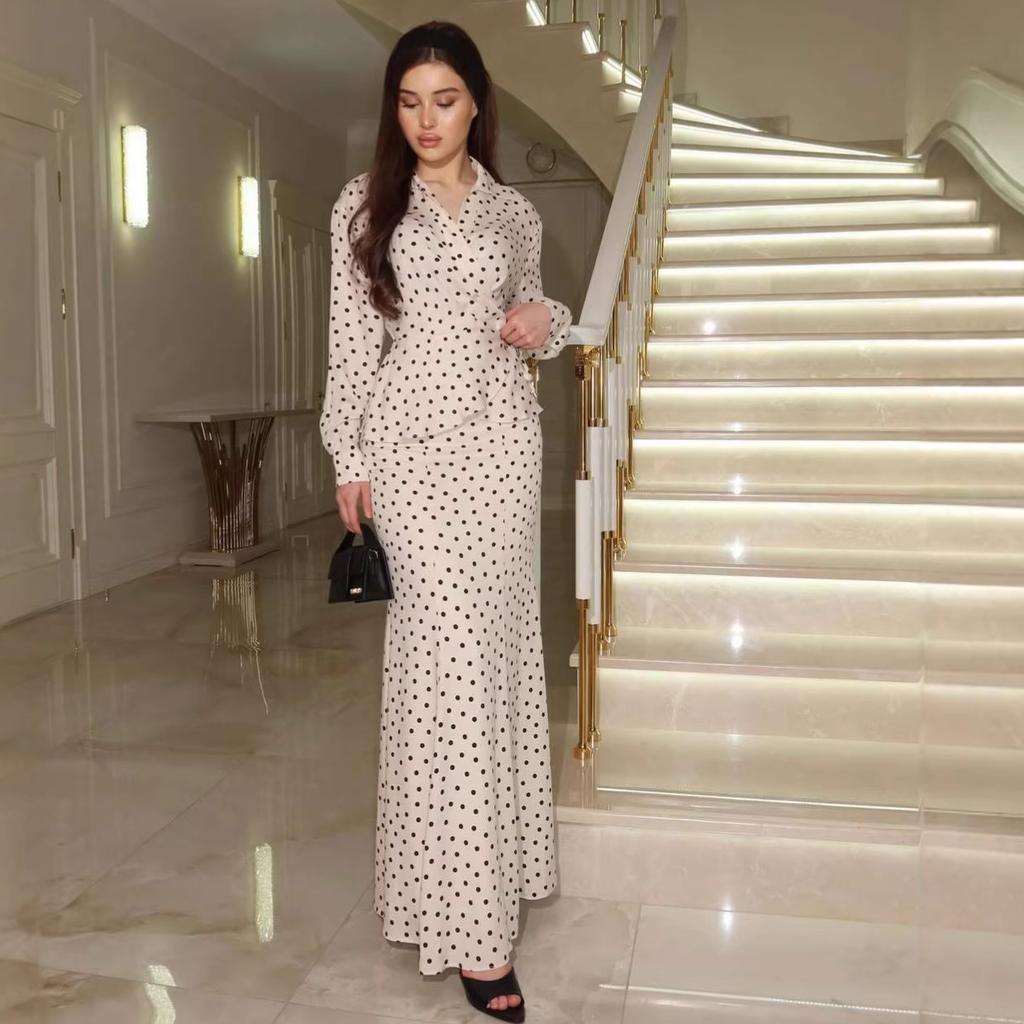 Autumn new European, American Amazon cross-border V-neck temperament polka dot long skirt long coat two-piece set