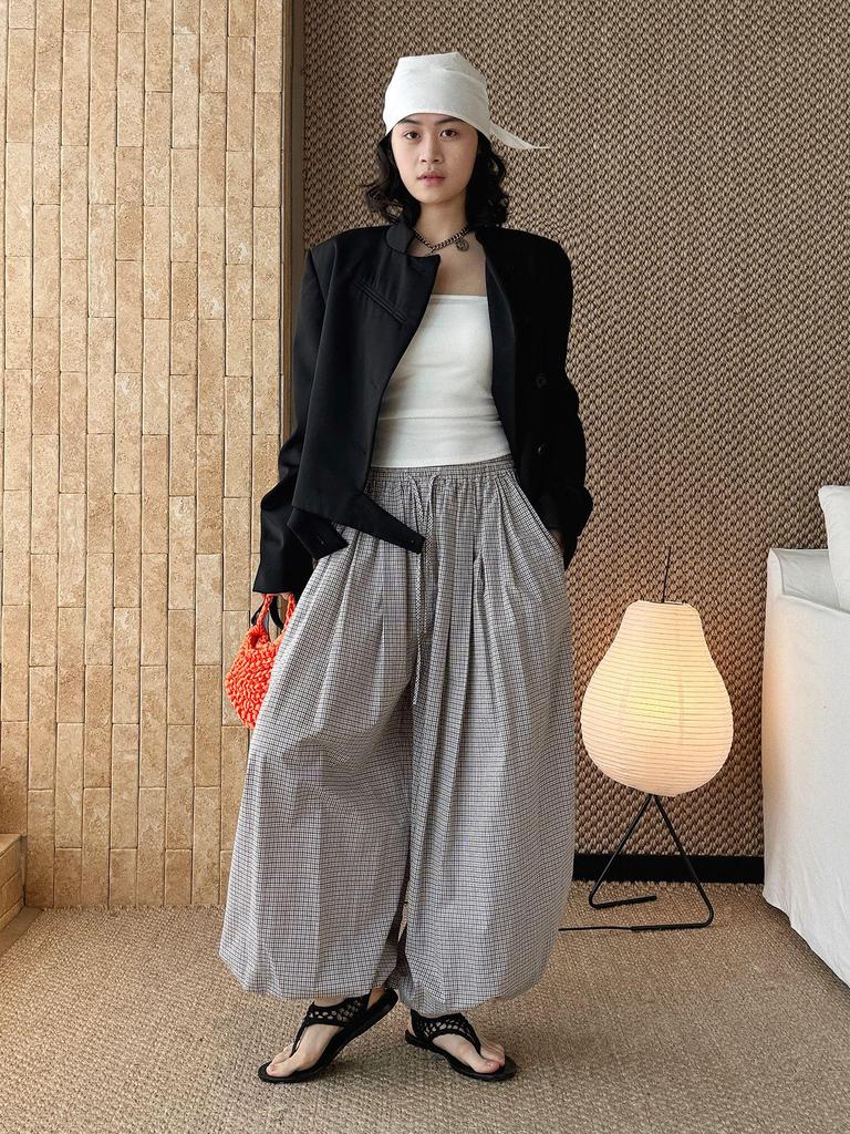 Xu Man Spring/Summer Paris Fashion Plaid Balloon Button Cuff Long Pants for Women