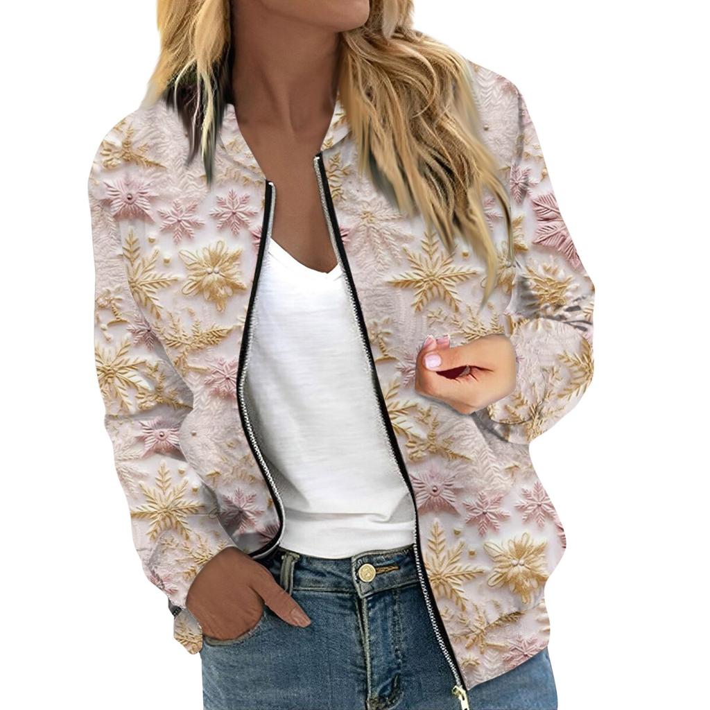 Women's Jacket Long Sleeve Lightweight Zipper Cropped Floral Printed Outerwear Casual Quilted Jacket With Pockets