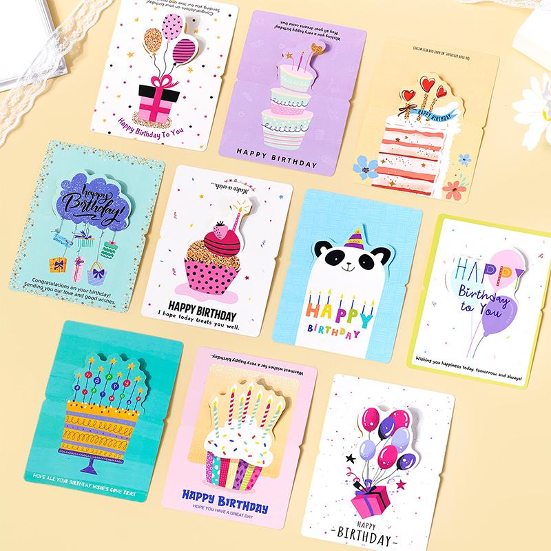 10 Birthday Cards, 3D Small Size Cartoon, Simple Folding, Handwritten Blessing Message, Birthday Card