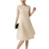 Womens Loose Fit Solid Color Round Neck 7/8 Sleeve Pleated Midi Dress Office Casual Wear