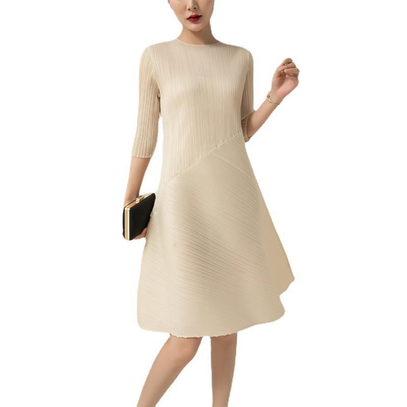 Womens Loose Fit Solid Color Round Neck 7/8 Sleeve Pleated Midi Dress Office Casual Wear