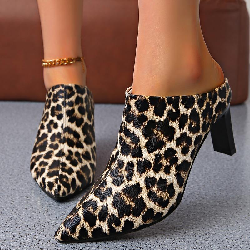 Fashion 2025 Hot Sale Women's Baotou Slippers Fashion Pointed Head Deep Mouth Leopard Print Slip-on Anti-slip Wear-resistant High Heels