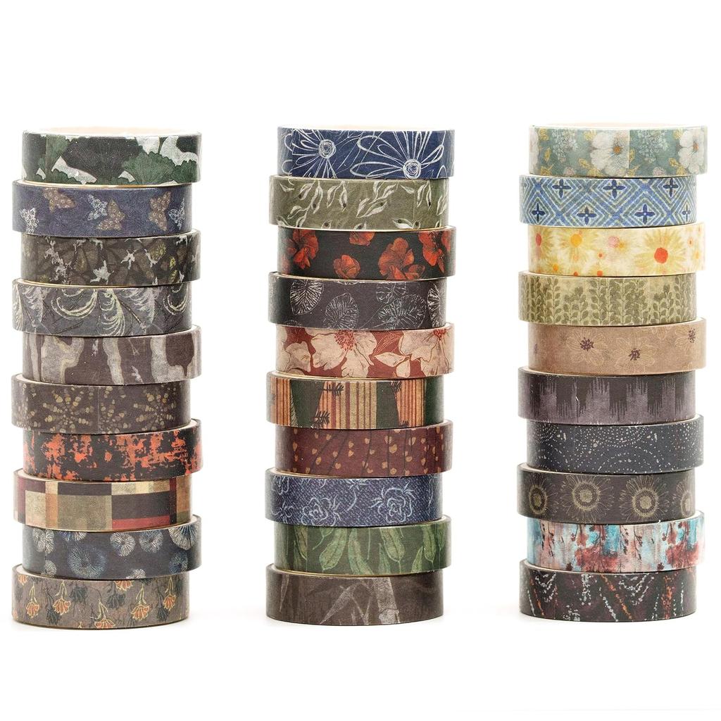 30 Rolls Vintage Washi Tape Pack Retro Basic Patterns Decorative Masking Tape for DIY Crafts Bullet Journal Supplies A3481