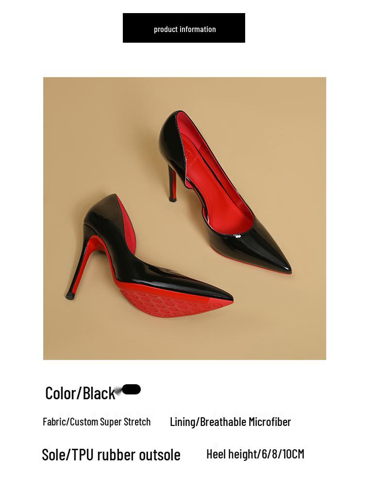 Women's Black Stiletto High Heels with Red Bottom, Side Cutout, and Pointed Toe - 2025 New Patent Leather Nightclub Shoes