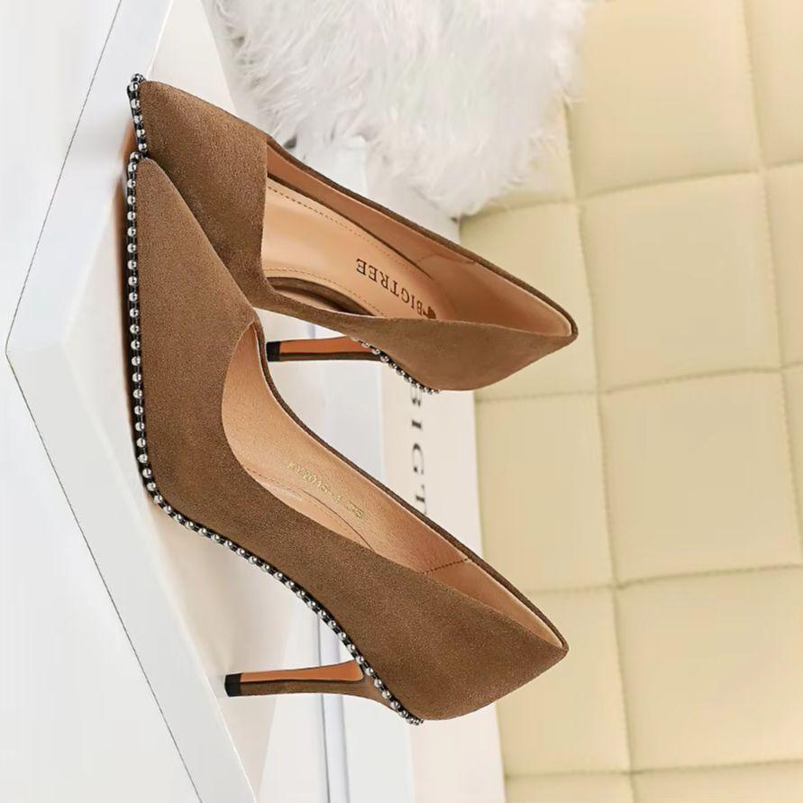 Fashion 2025 New Summer Fashion Women 8cm Or 10.5cm Thin High Heels Pumps Metal Black Pumps Studded Flock Pumps Ladies Valentine Shoes