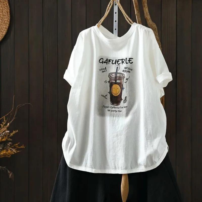 T-shirt Women Versatile Cotton Summer Casual Large Size Loose Round Neck Pullover Short-sleeved Tops