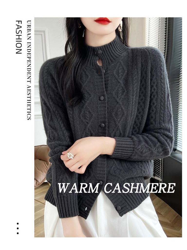 Heavy Knit Half High Neck Slim Fit Cashmere Cardigan Sweater for Spring & Autumn