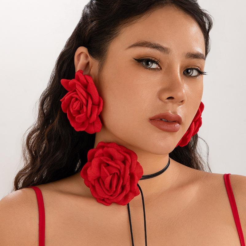 Exaggerated Big Rose Flower Earrings for Women Vintage Elegant Fabric Florals Ear Stud Earring Summer Holiday Beach Jewelry