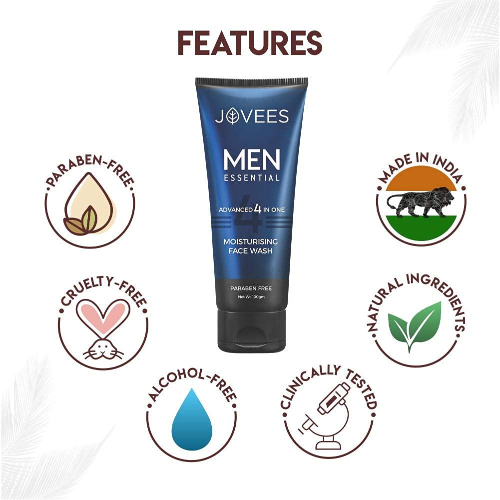 Jovees Herbal Men's Essential 4 In 1 Moisturizing Face Wash with Vitamin C and E 100g for Clean Clear Skin