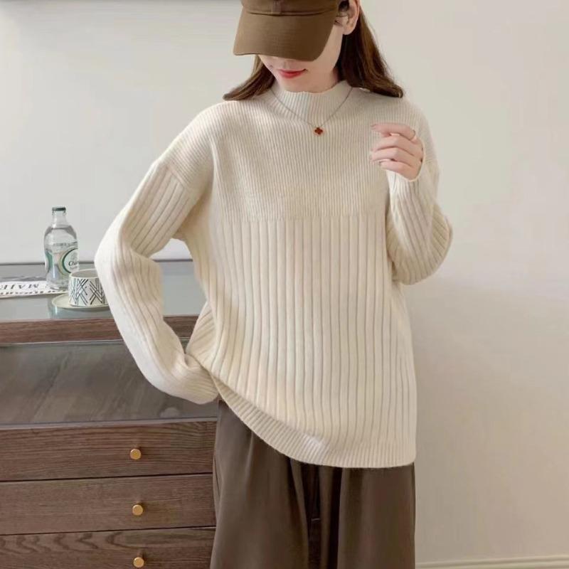 Solid Color Pit Strip Semi-turtleneck Soft Waxy Pullover Knitted Sweater Autumn and Winter New Simple Casual Style Bottoming Sweater Women