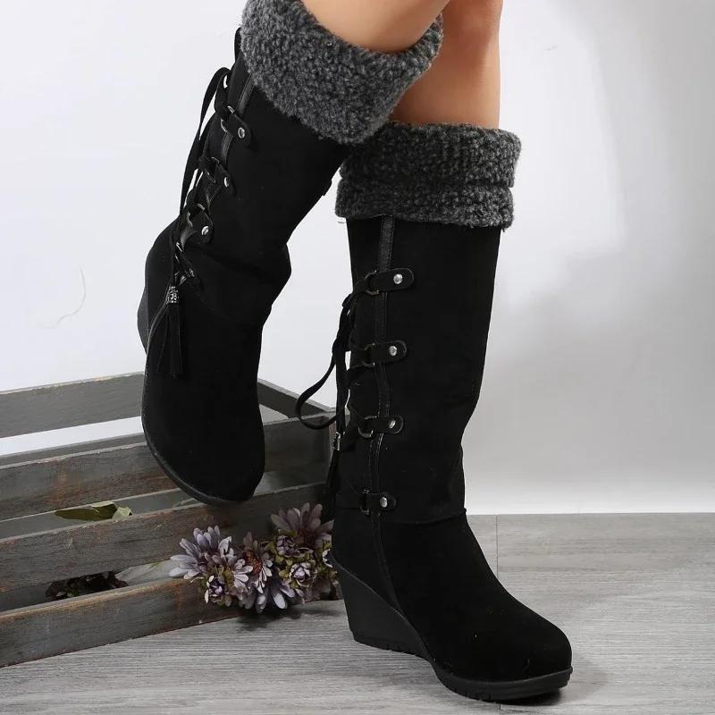 Bottes Mi-Mollet Européennes Américaines pour Femmes 2024 Hiver Nouveau Design à Lacets pour la Chaleur Bottes à Talon Compensé Bottes pour Femmes Bottes De Mujer