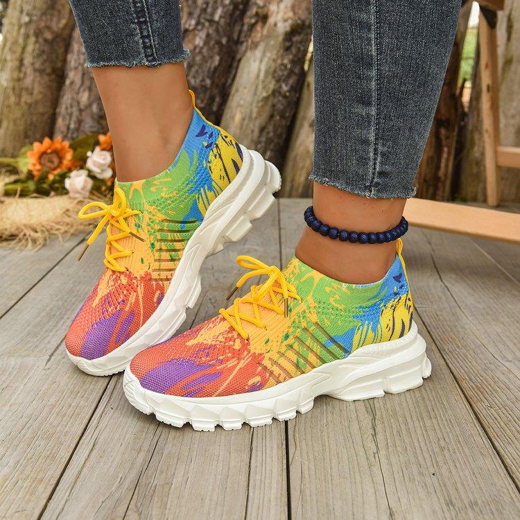 Women's Letter Print Platform Sneakers, Breathable Knit Slip on Outdoor Shoes, Comfortable Low Top Sport Shoes Plus Size 36-42