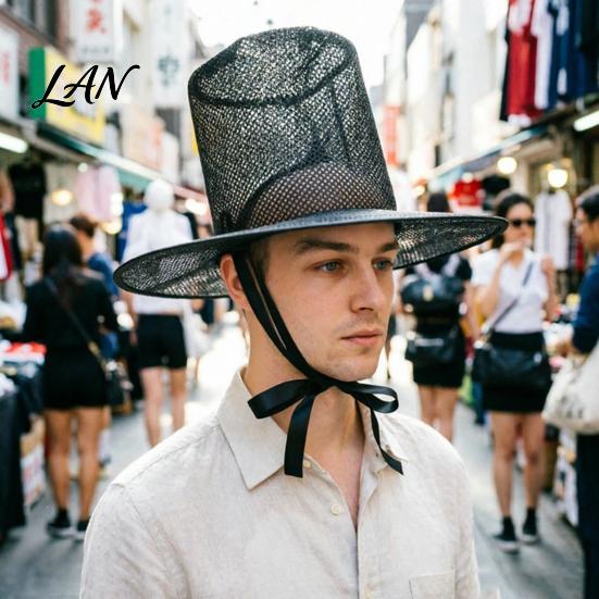 Breathable Costume Hat Vintage Korean Gat Hat, Black Mesh Wide Brim Joseon Dynasty Halloween Performance Scholar with Neck Strap, Cosplay Accessory
