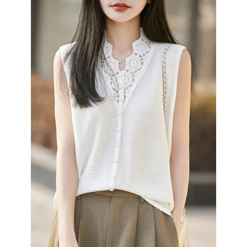 2026 Spring/Summer Women's Silk Wool V-Neck Sleeveless Knit Vest with Hollow Crochet Design