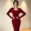 Women's French Red Square Neck Slim Fit Dress - 2025 Autumn/Winter New Year Collection