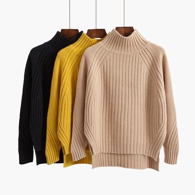 Women's High Neck Sweater Autumn Winter Pullover Loose Split Sweater Female Asymmetric Thick Jumper Top