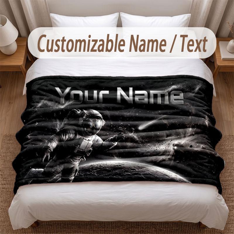 Astronaut Space Theme Soft Blanket Personalized Custom Name Text Print Warm Blanket Home Sofa Bedroom Decor
