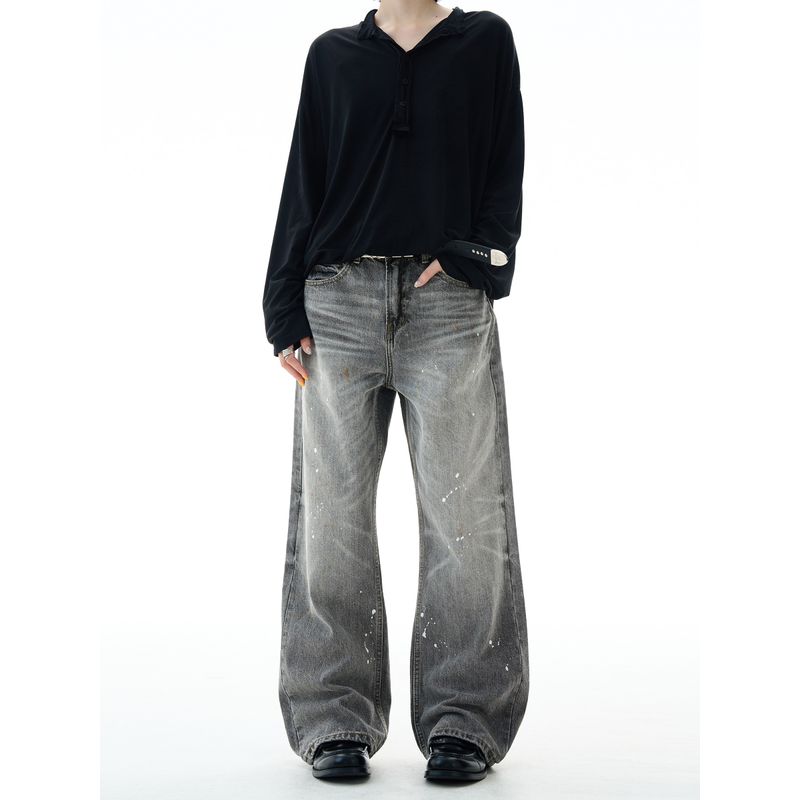 Madwitch American Retro Washed Distressed Splatter Denim Jeans for Men and Women, Loose Casual High Street Vibe Pants, Trendy