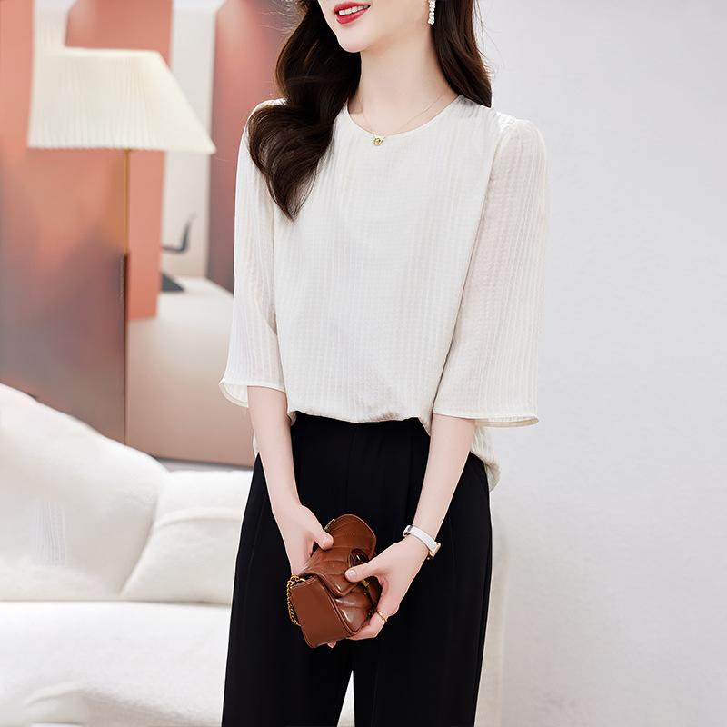 

Женская летняя блузка из двухслойного жатого шелка, новая, с круглым вырезом, простая однотонная, со средним рукавом, топ из шелка-тусса XXXL белый