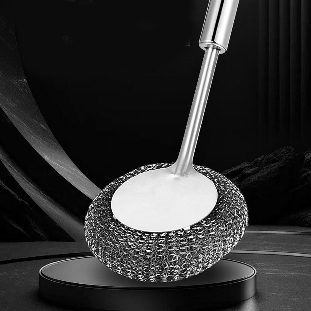 Ergonomic Stainless Steel Wool Scrubber with Long Handle and Replaceable Heads for Deep Cleaning Dishes Pots Pans Grills