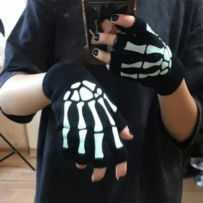 Knitted Halloween Skeleton Gloves Stretch Skull Half Finger Gloves  Halloween Party