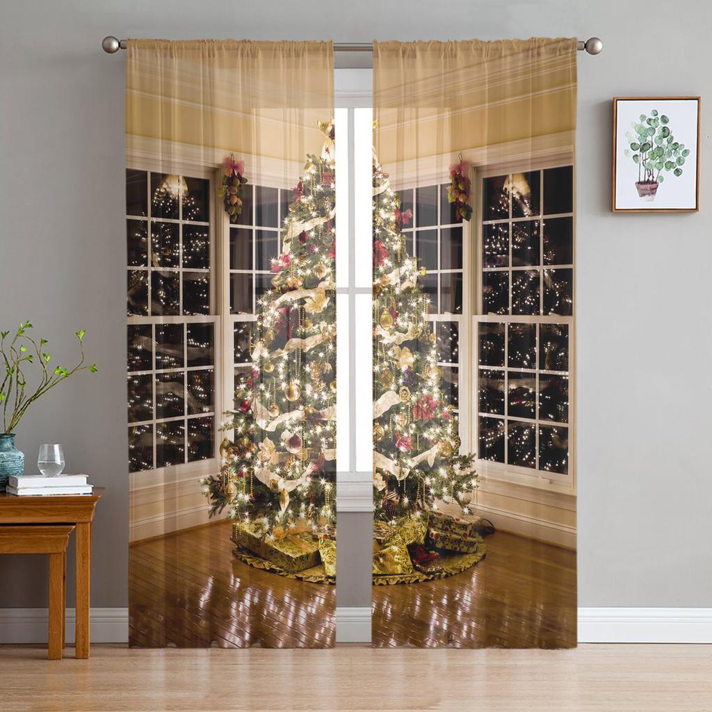 Christmas Tree Lights Christmas Theme Tulle Curtains For Living Room Decoration Modern Chiffon Sheer Voile Christmas Curtains