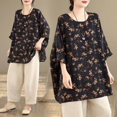 DIMANAF Tamanho Plus Nova Camiseta Feminina Estampa Floral Tops Femininos Camisetas Soltas Casuais Oversize Verão 2026