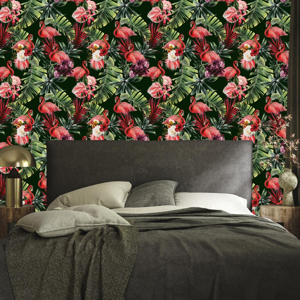 Flamingos wallpaper roses flowers and green for living room and bedroom 50x1000