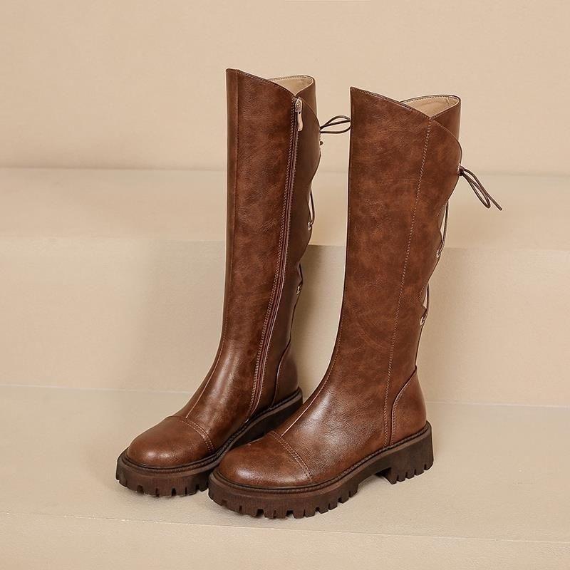 

Fashion Autumn Winter Leather Fleece-Lined Platform Round Toe Long Boots for Women Trend 2025 Gyaru Lace-up Knee High Shaft Shoes Woman 35