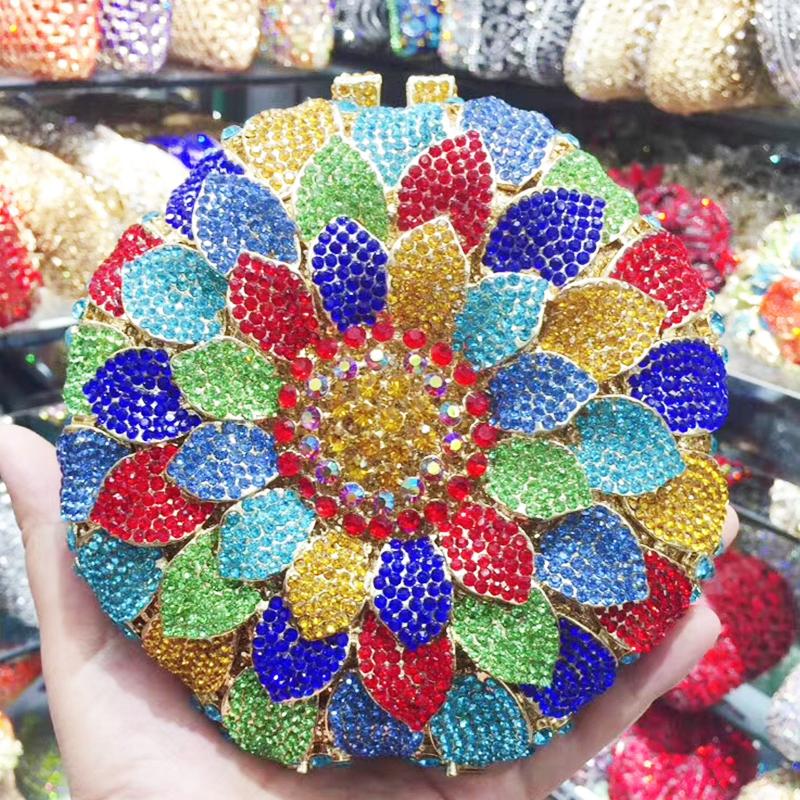 Gold/Yellow Sunflower Clutch Crystal Round Evening Bags Women Wedding Purse Bridal Bags Party Dazzling Diamond Handbags Minaudie