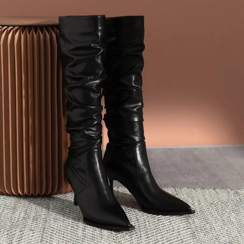 Women's High Barrel Retro Long Boots 2024 Autumn and Winter Knee Length Wrinkled Boots Slim Pointed High Heeled Leather Boots