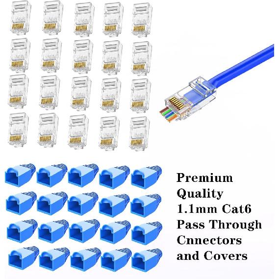 RJ45 Crimp Tool Kit Pass Through, Cat5 Cat5e Cat6 RJ45 Ethernet Crimping Tool with 20PCS Cat6 1.1mm Pass Through Connectors, 20PCS Covers, Cable
