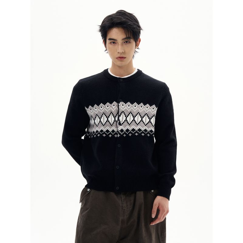 Kisko American Retro Fair Isle Jacquard Knit Cardigan Sweater for Men and Women, High-End Lazy Casual Trendy Brand Jacket