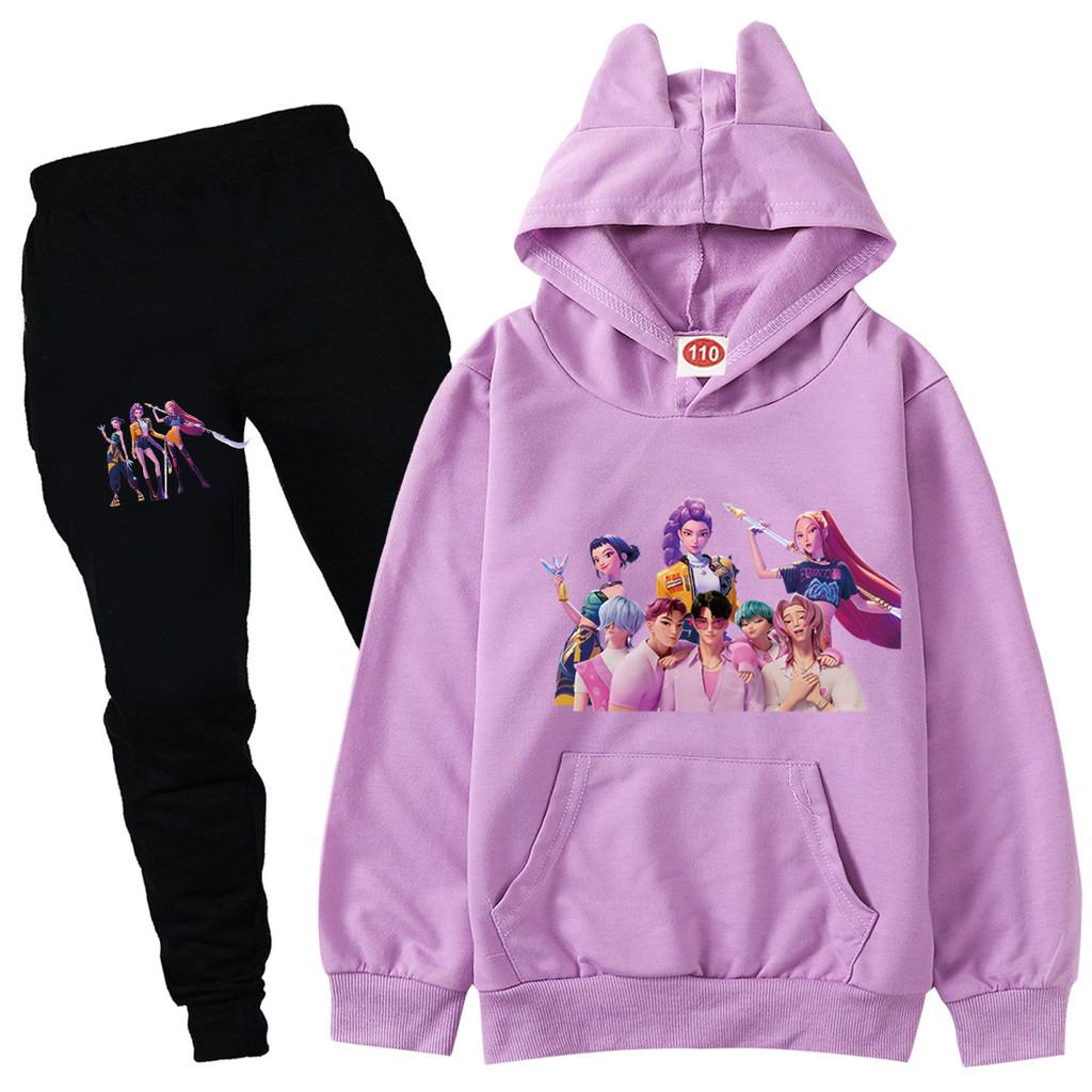 Kinder Mädchen Anime Cartoon K-Pop Rumi Zoey Mira Bedruckt Lässige Langarm Kapuzenpullover Hosen Kleidung Set