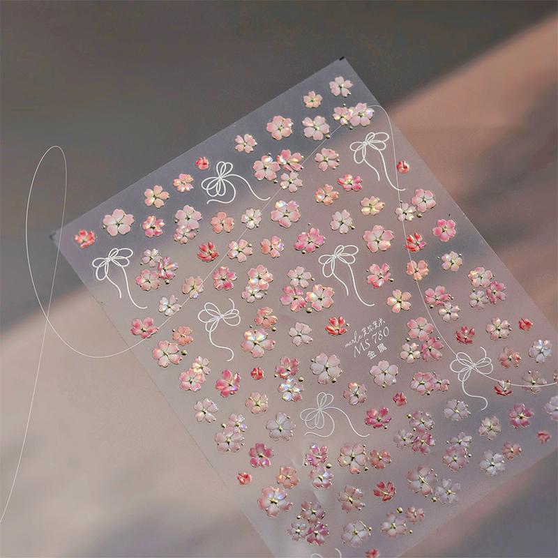 Körsbärsblommor Sakura Vår 5D Nageldekorationsklistermärke Guldstämpling Mjukt Lim Reliefklistermärke Chic Manikyrdekaler