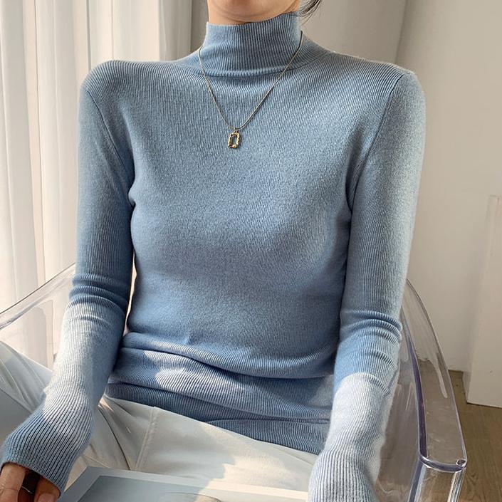 Women's Knitted Jumper Autumn Winter Half-high Neck SlimLong-sleeved Pullover Sweater Women's Knitted Bottoming Shirt