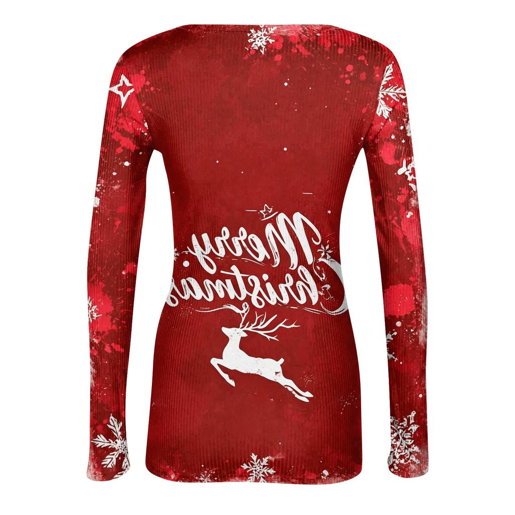 Women's Casual Long Sleeve Christmas Print Neck Ribbed Knit Top