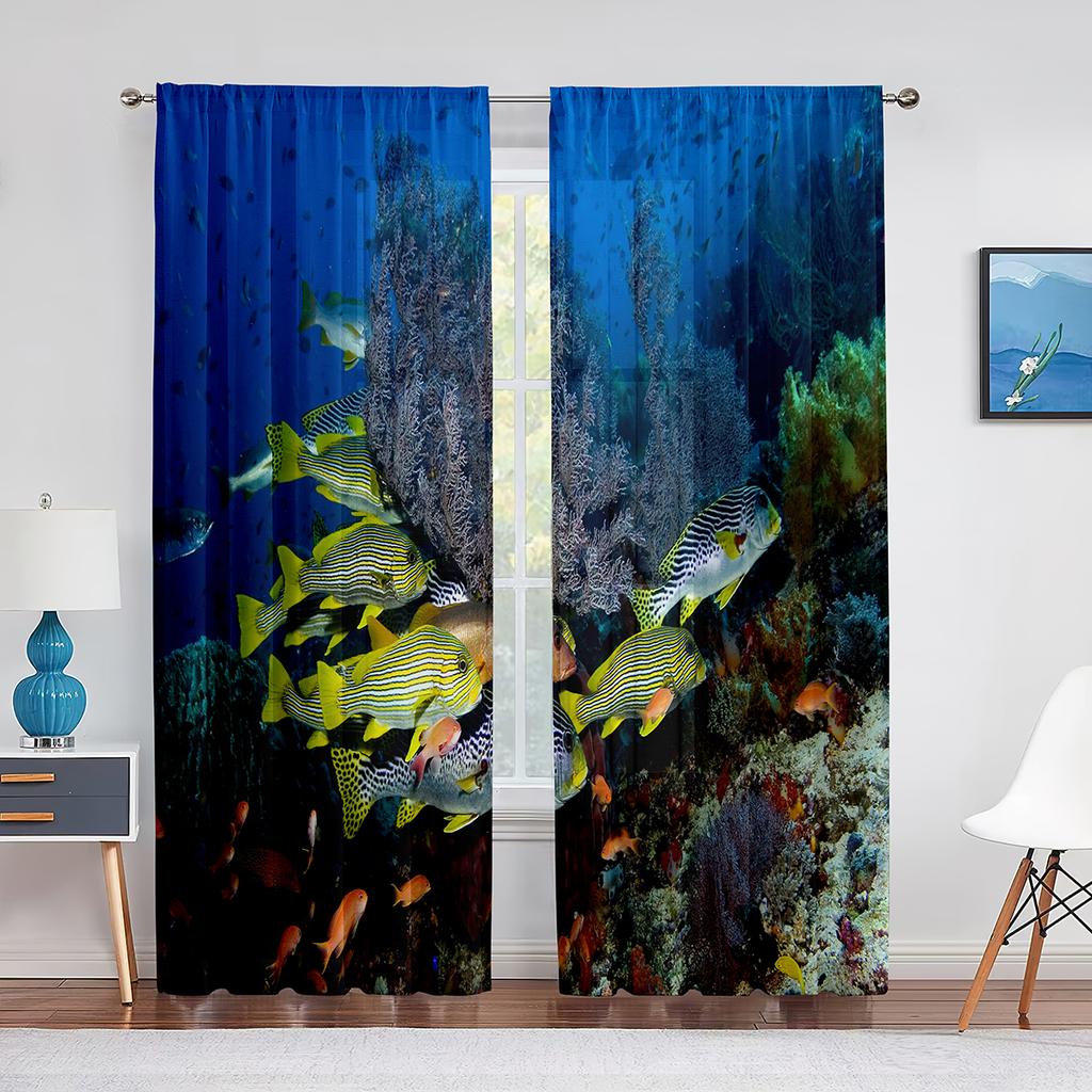 Ocean Underwater World Tulle Voile Curtains Tropical Fishes Shark Coral In The Deep Sea Sheer Curtain for Living Room Bedroom