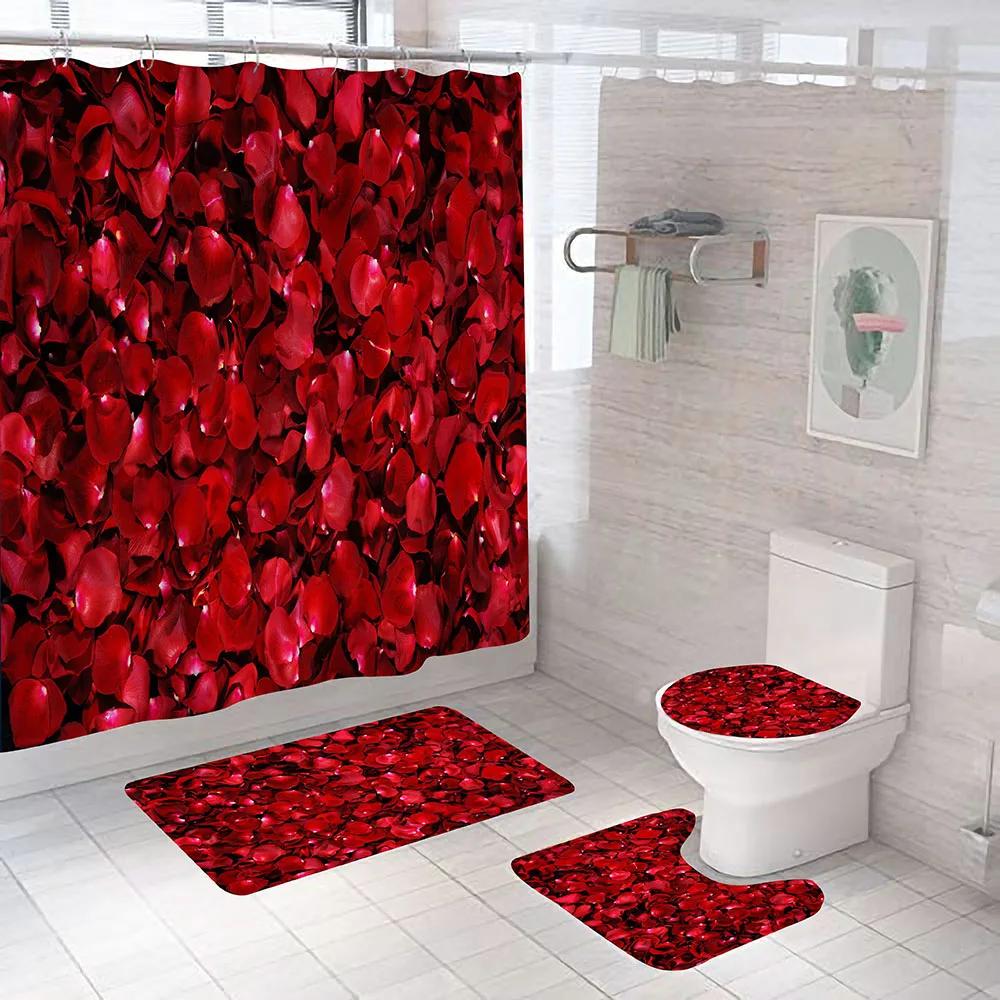 Red Rose Flowers Pattern Shower Curtain Set With Rugs Waterproof Bathing Screen Anti-Slip Toilet Lid Cover Rugs Bathroom Decor