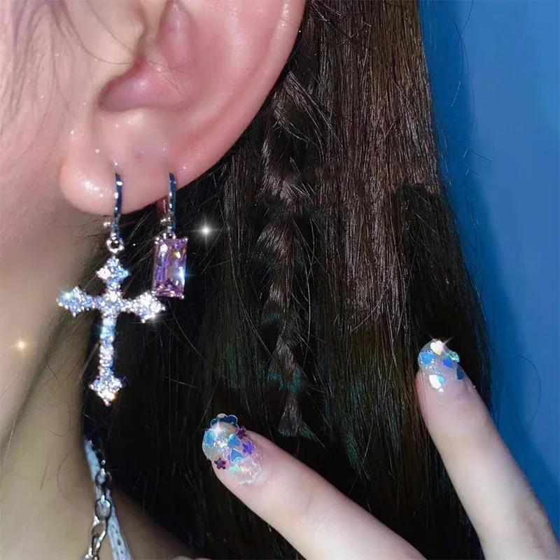 1 Pair of Y2K Gothic Cross Earrings Shiny Synthetic Zircon Inlaid Earring Earrings Jewelry Accessories
