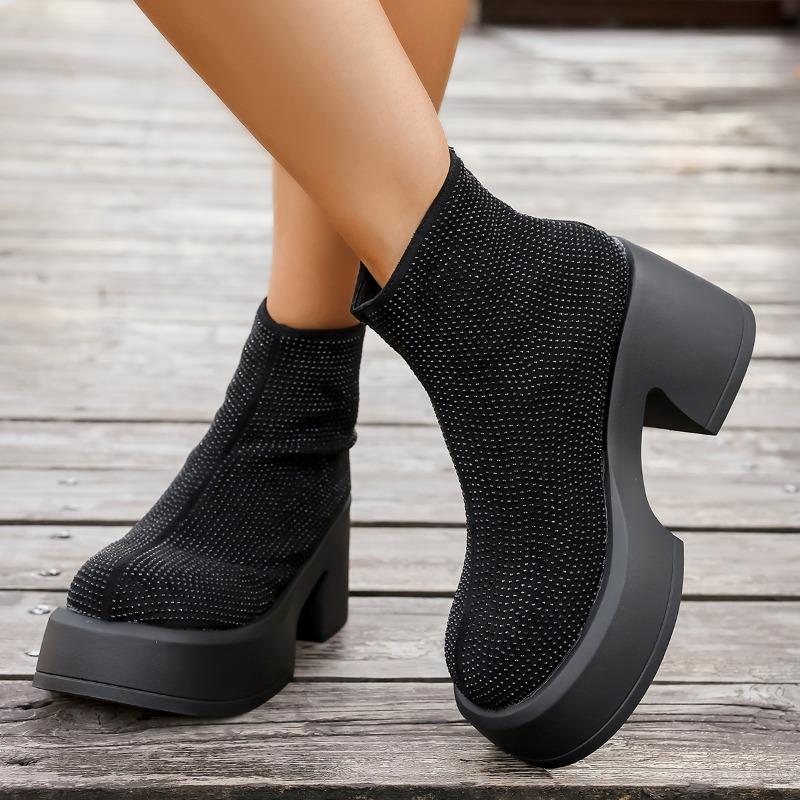 

Хрустальные Блестящие Женские Высокие Каблуки Ботильоны на Платформе Дизайнерская Роскошная Обувь 2025 Зимние Короткие Ботинки Туфли-Лодочки для Платья Zapatillas 40 чёрный