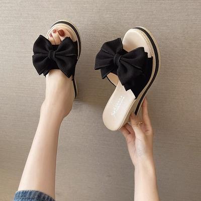 Mode 2024 Sommer Quadratabsatz Hausschuhe Damen Pantoletten Grün Schmetterlingsknoten Pantoletten Sandalenschuhe Weiblich Plus