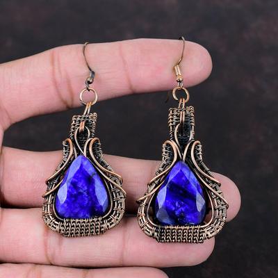 Faceted Blue Sapphire Earring Copper Wire Wrapped Earring Handmade Dainty Earring Gemstone Copper Jewelry Earring For Women Anniversary Gift