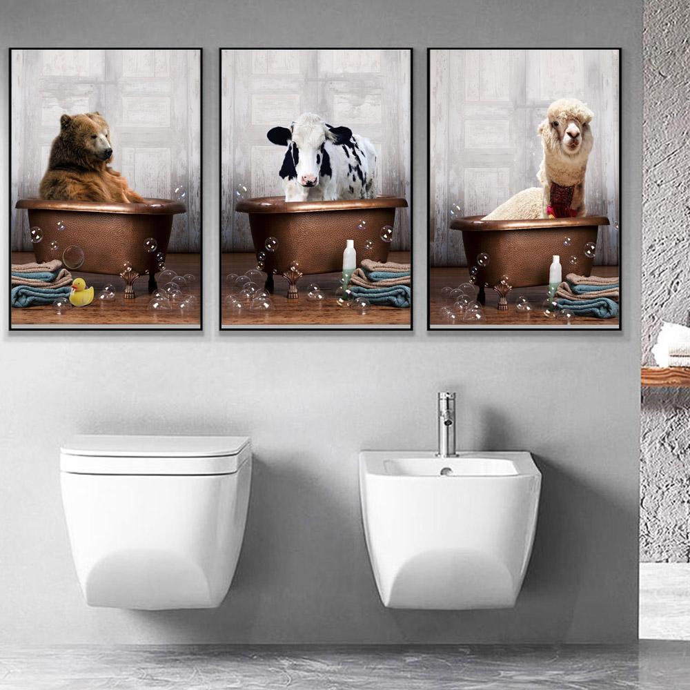 Animal Canvas Painting In Bathroom Lovely Alpaca Elephant Cow Giraffe Toilet Wall Art Poster Home Decoration Mural No Frame