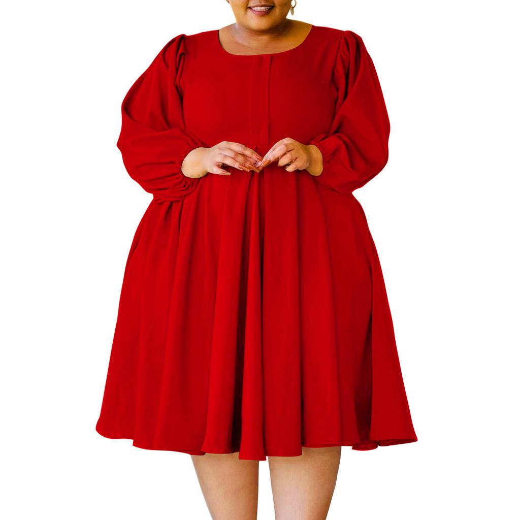 Plus Size Women's Fashion Casual Solid Color Skirt Puffy Sleeve Dress
