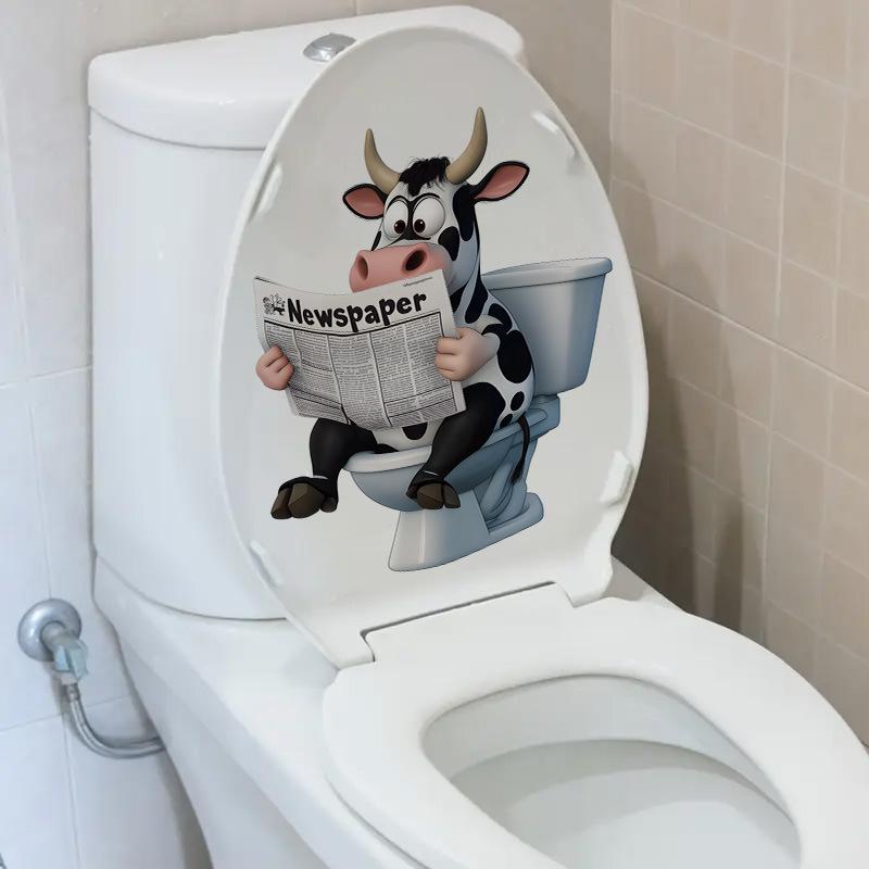 3D Funny Cow Reading Newspaper On Toilet Wall Sticker Self-Adhesive Waterproof Removable Bathroom Home Decor Art