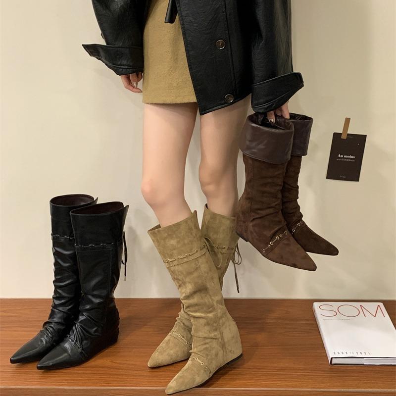 Dong Life Has the Same Inner Height Increase of 25 New Knee Boots, Foldable Two-wear Pointed Boots, Pleated Stacked Boots