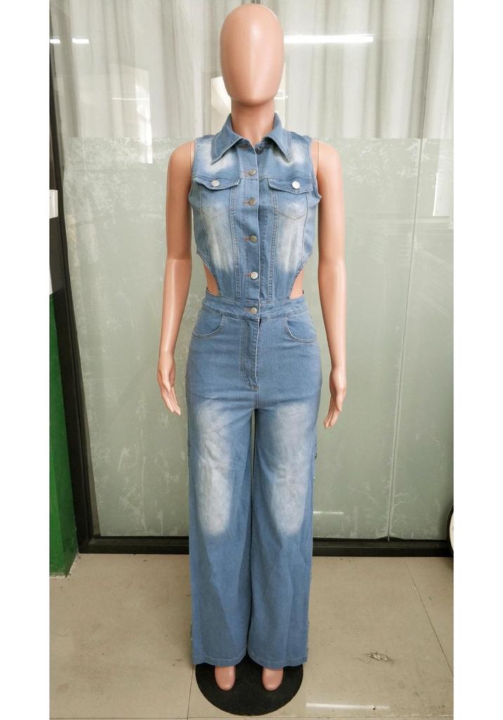 Slim Fit Elastic Washed Denim Jumpsuit