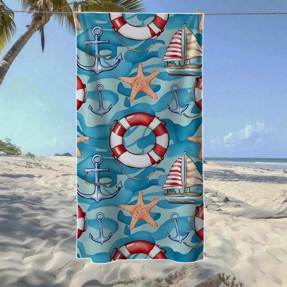Marine Life & Nautical Pattern Beach Towel, Soft Quick-Drying, Perfect For Portable Outdoor Travel, Camping And Summer Beach
